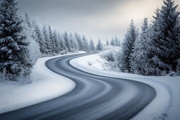 Poster - Curving Winter Wonderland Road in Snowy Evergreen Forest at Twilight : Generative AI