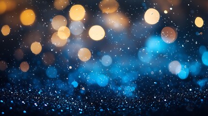 Poster - Glowing bokeh lights in abstract blue and gold with falling snow effect : Generative AI