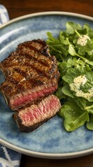 Sticker - A beautifully cooked steak served with a fresh salad on a decorative plate.