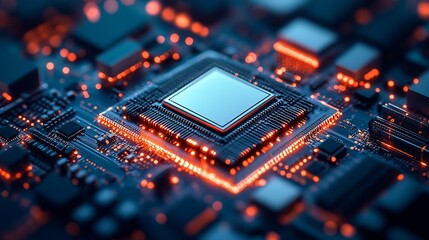 Aufkleber - Detailed View of HighTech Circuit Board With Illuminated Central Processor : Generative AI