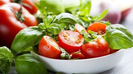 Poster - Salad with Fresh Tomato and Basil Leaves in White Bowl for Summer Cuisine : Generative AI