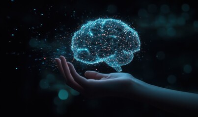 Poster - Digital Concept of Human Brain with Abstract Particles on a Hand Over Dark Background Representing Artificial Intelligence and Innovation in Technology