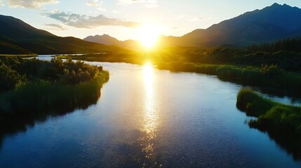 Aufkleber - Stunning Sunset Over Serene River Surrounded by Mountain Range and Lush Vegetation : Generative AI