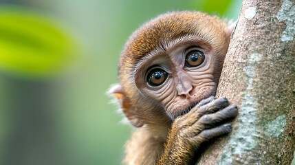Poster - Baby Monkey Clinging to Tree in Dense Jungle with Reflective Eyes and Curious Glance : Generative AI