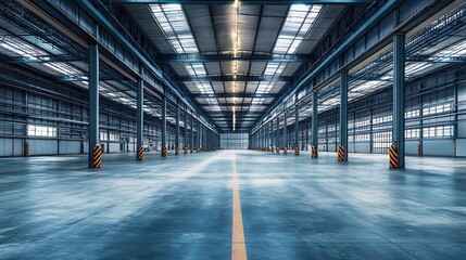 Poster - Vast Modern Warehouse Interior with Industrial Architecture and Concrete Floor Lighting Symmetry : Generative AI