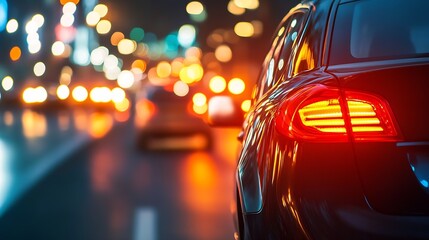 Poster - Nighttime City Street with Car Tail Lights Blurred by Motion Creating Vibrant Bokeh Effect : Generative AI