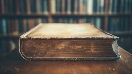 Poster - Closeup of a Vintage Book on a Wooden Library Desk With Blurred Bookshelves in the Background : Generative AI
