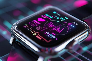 Poster - A smartwatch with a glowing futuristic interface displaying health data in vibrant colors.