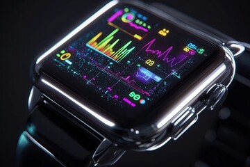 Poster - A smartwatch with a glowing futuristic interface displaying health data in vibrant colors.