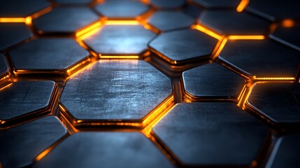 Poster - HighTech Glowing Orange and Black Hexagonal Metal Grid with Futuristic Aesthetics : Generative AI