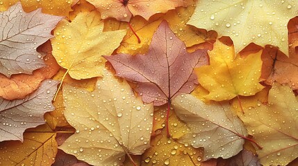 Poster - Autumn Leaves with Raindrops Creating a Colorful Seasonal Tapestry : Generative AI