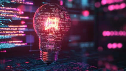 Poster - Futuristic Light Bulb Design with Neon Glow and Digital Data Elements Representing Innovation and Modern Technology in a Dark Background Environment