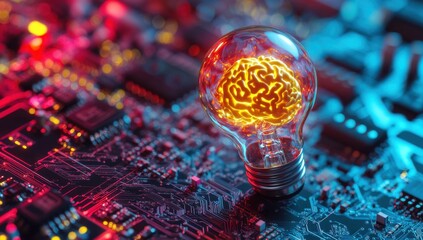 Poster - Futuristic Light Bulb with Glowing Brain Concept Over Circuit Board Background, Symbolizing Innovation and Intelligent Technology in Digital Era