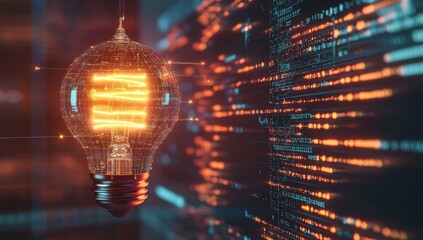 Poster - Futuristic Light Bulb with Digital Background Representing Innovation and Technology in Energy Efficiency and Smart Solutions