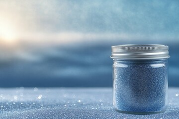 Poster - Sparkling Blue Glitter in Clear Glass Jar with Soft Focus Background of Bokeh and Gradient Sky, Perfect for Crafts, Art Projects, and Party Decorations