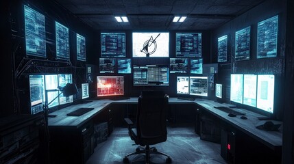 Fototapete - Security risks and data surveillance in modern control rooms insights for high-tech workspaces and digital strategies