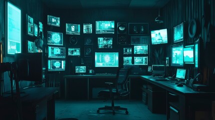 Fototapete - Cybersecurity monitoring control room digital workspace high-tech environment interior view data protection strategy