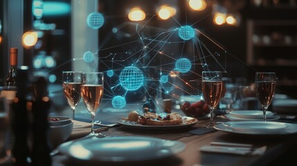 Fototapete - Security network threats in a dining setting digital visualization modern restaurant nighttime high-tech concept