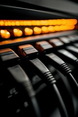 Poster - Close-Up of Network Cables with Illuminated Ethernet Switch Background
