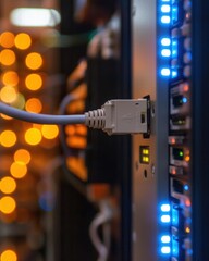 Poster - Close-Up of Ethernet Cable Plugged Into Network Server with Lights