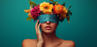 © PixelCharm - Beautiful Woman With Floral Headpiece and Blindfold Against Teal Background