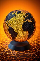 Poster - Wireframe Earth Globe on Abstract Orange Background with Lights