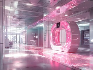 Poster - Futuristic Lobby Interior with Modern Art Installation and Light Effects