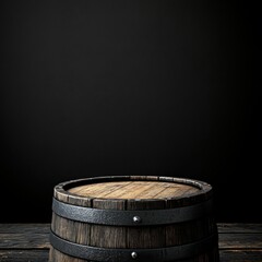 Poster - Rustic Wooden Barrel on Dark Surface with Soft Lighting Ideal for Still Life Photography and Interior Design Inspirations in Natural Style