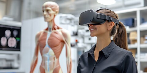 Aufkleber - A woman wearing virtual reality glasses experiences immersive learning in a modern lab. The image captures technology and education. It highlights anatomy and innovation. AI