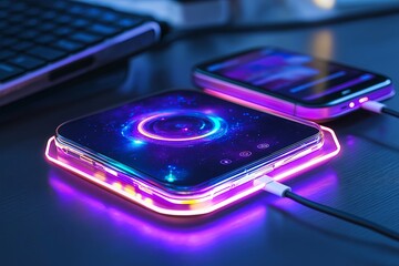 Aufkleber - A wireless charging pad with a glowing animation as it powers multiple devices