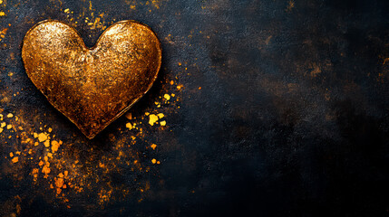 Wall Mural - Heart made of golden particles on black stone surface, copy space, postcard template