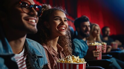 Cinema background. Young men and women sitting in movie theater with bucket of popcorn and watching a movie. Friends in cinema