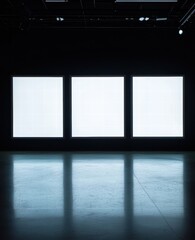 Poster - Minimalist Art Space with Three Illuminated White Panels in Darkness