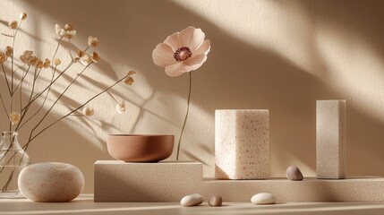 Aufkleber - Soft natural light bathes a serene still life composition featuring a delicate flower, textured stones, and sculptural objects on a muted surface