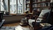 © VK Studio - The inviting interior of a sunlit room filled with a wealth of books and comfortable seating, perfect for reading or quiet contemplation.