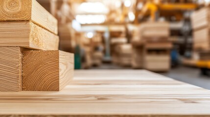 Poster - Modern Woodworking Factory Concept, Vibrant and Clean Woodworking Factory Showcasing Neatly Stack Wood Products in Industrial Setting