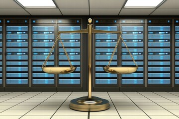Poster - Balanced Scale in Front of High-Tech Server Room with Blue Lights