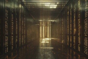 Poster - Futuristic Data Center with Rows of Servers and Golden Lighting