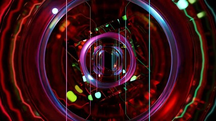 Wall Mural - Abstract background 3D animation moving through shiny glass metal and neon lights tunnel, loop