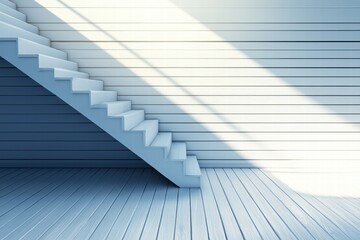 Poster - Modern Minimalist Interior with White Stairs and Wooden Decor