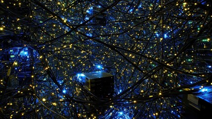 Poster - Intricate Network of Colorful Cables with Sparkling Lights in Darkness