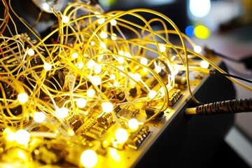 Poster - Bright Yellow LED Lights and Wiring on a Circuit Board Close-Up