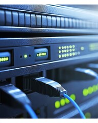 Poster - Close-Up of Network Switch with Cables and LED Indicators