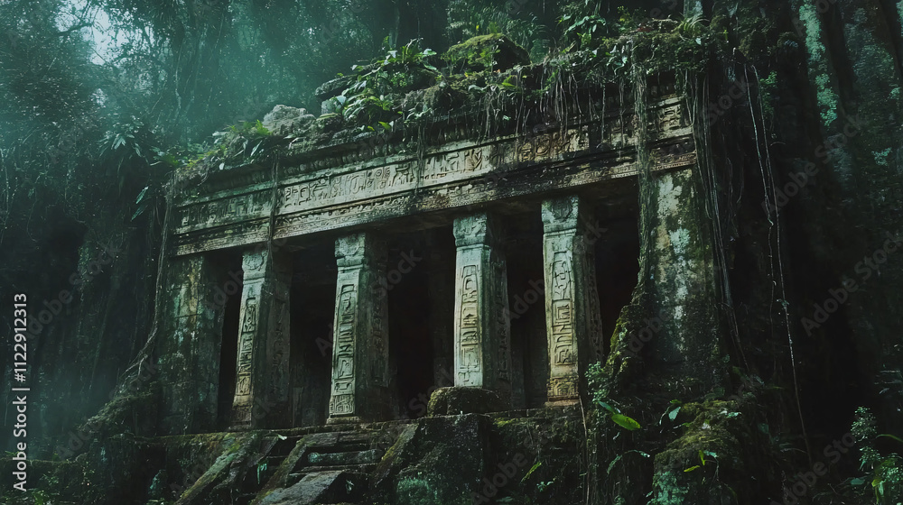 An ancient temple hidden in the jungle, with overgrown vines wrapping ...