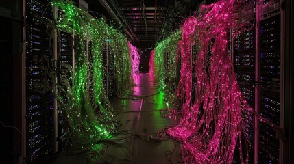 Poster - Colorful LED Lights and Network Cables in Data Center Environment
