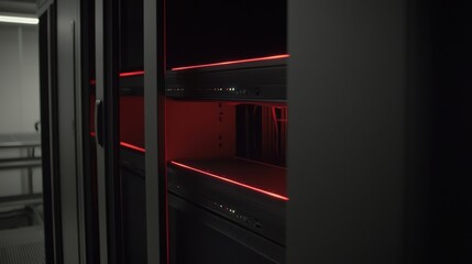 Poster - Interior View of Modern Server Rack with Sleek Design and Lighting