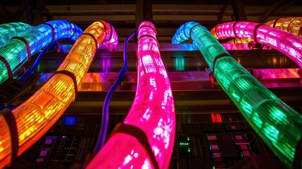 Poster - Colorful Neon Light Cables in Modern Technology Infrastructure