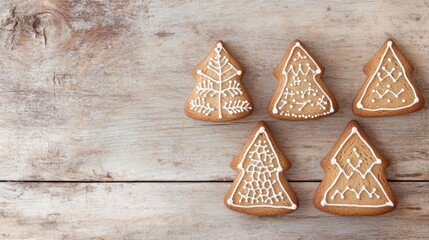 Wall Mural - Festive gingerbread Christmas trees with intricate icing are beautifully arranged on a rustic wooden table, perfect for the holiday