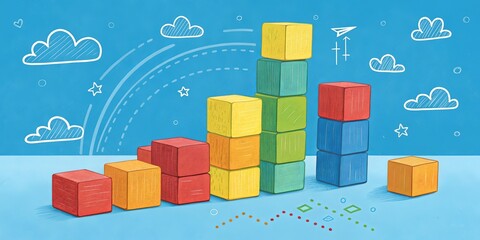 Poster - A colorful stack of blocks with a blue sky background