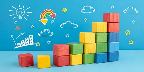Poster - A stack of wooden blocks with a rainbow and clouds in the background